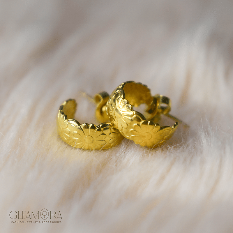 Hoop Flower Engraved Earrings